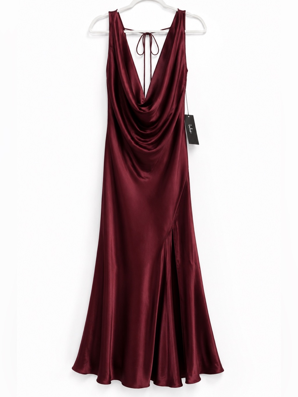 Lulu's Wine Satin Cowl-Back Slip Maxi Dress